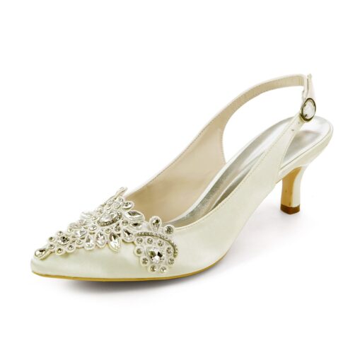 Women's Champagne Satin Slingback Heels with Rhinestone Embellishments - Elegant Bridal Shoes for Weddings and Formal Events 2025 - Image 6