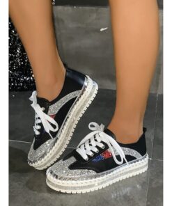 Women's Glitter-Accented Black Lace-Up Sneakers – Rhinestone Embellished, Colorful Casual Athletic Shoes for Fashionable Everyday Wear 2025