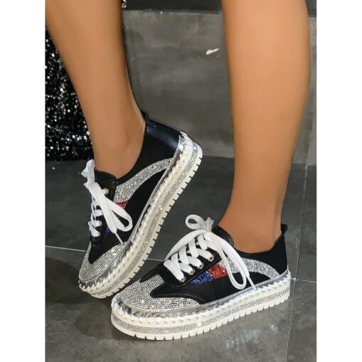 Women's Glitter-Accented Black Lace-Up Sneakers – Rhinestone Embellished, Colorful Casual Athletic Shoes for Fashionable Everyday Wear 2025