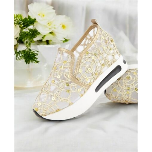 Gold Sequined Mesh Slip-On Sneakers with Air Cushion Sole - Women's Comfortable Wedding or Party Shoes 2025