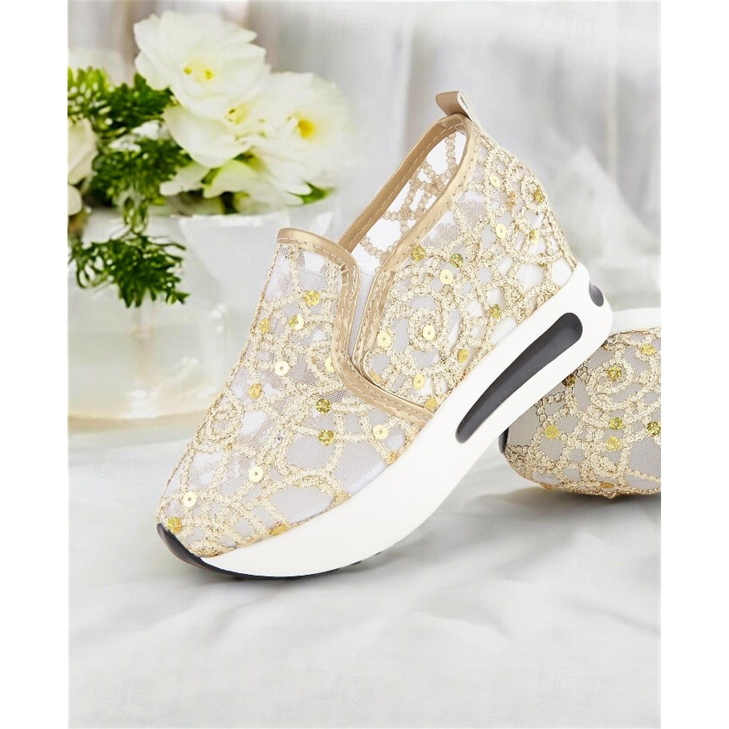 Gold Sequined Mesh Slip-On Sneakers with Air Cushion Sole - Women's Comfortable Wedding or Party Shoes 2025