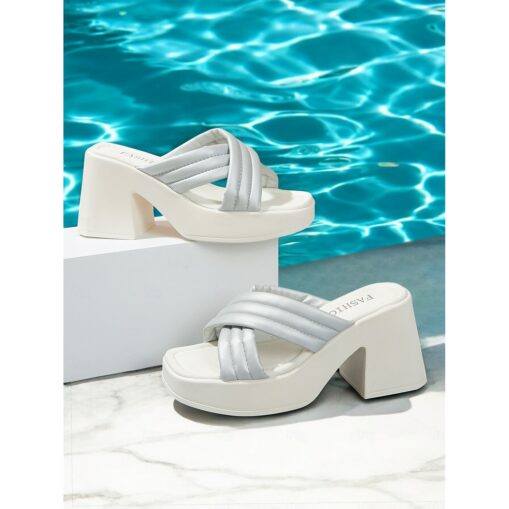 Women's White Platform Slide Sandals with Cross-Strap Design and Block Heel – Trendy and Comfortable for Summer or Casual Outings 2025 - Image 6