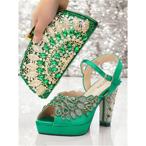 Women's Luxurious Green Rhinestone-Embellished Heeled Sandals with Matching Clutch, Perfect for Weddings and Special Occasions 2025