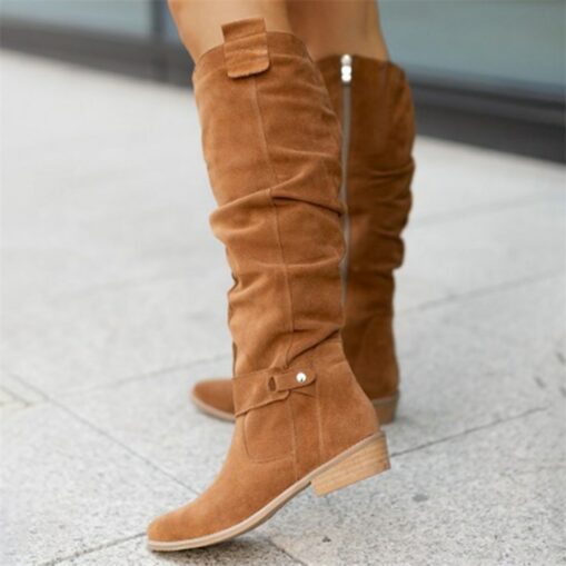Women's Slouchy Suede Knee-High Boots with Buckle - Casual Flat Heel for Everyday & Fall Fashion 2025 - Image 2