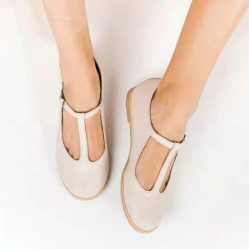 Women's Red Leather T-Strap Flats with Buckle Closure - Vintage-Inspired Casual Shoes 2025 - Image 2