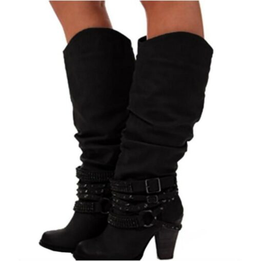 Women's Beige Slouchy Knee-High Boots with Buckle and Stud Accents, Vintage Western Style for Fall and Winter Casual Wear 2025 - Image 4
