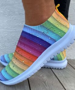 Women's Rainbow Slip-On Sneakers – Colorful Knit Athletic Shoes with Rhinestone Embellishments for Casual Wear and Walking 2025