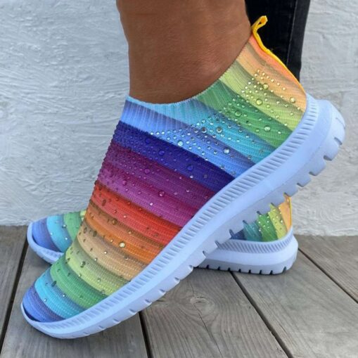 Women's Rainbow Slip-On Sneakers – Colorful Knit Athletic Shoes with Rhinestone Embellishments for Casual Wear and Walking 2025