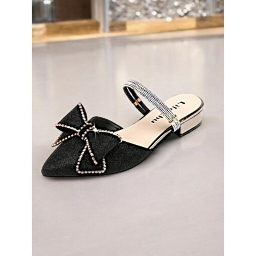 Women's Rhinestone Embellished Pointed-Toe Mules with Bow Detail - Elegant Slip-On Flats for Evening and Formal Wear 2025 - Image 2