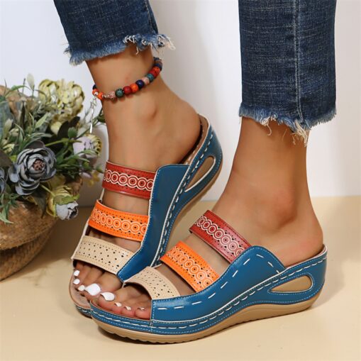 Bohemian Chic Women's Orthopedic Wedge Sandals - Vibrant Multi-Color Straps, Comfortable Arch Support, Trendy Summer Footwear 2025