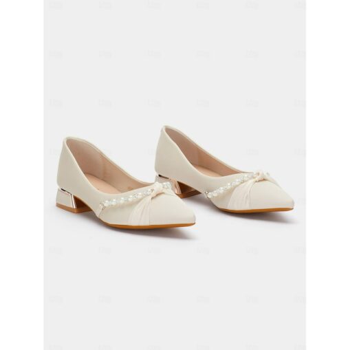 Women's Pearl Embellished Low Heel Flats - Elegant Pointed Toe Slip-On Shoes for Weddings and Formal Events 2025