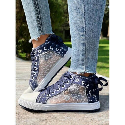 Women's Blue Lace-Up High-Top Canvas Sneakers with Embroidered Mesh Panels, Polka Dot Design for Casual and Outdoor Wear 2025 - Image 2