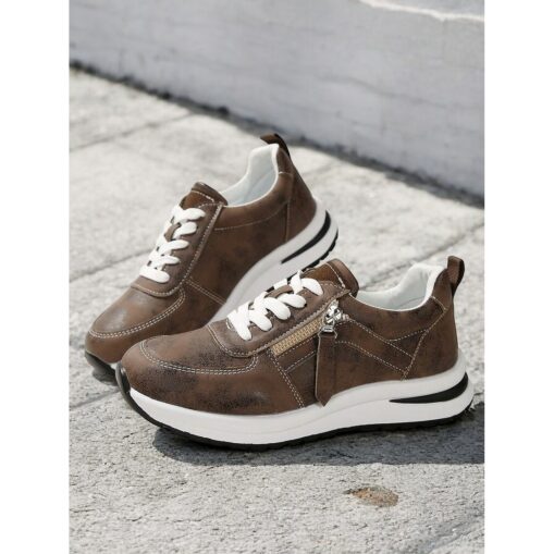 Women's Brown Faux Leather Casual Sneakers with Side Zipper – Comfortable Lace-Up Shoes for Everyday and Outdoor Wear 2025
