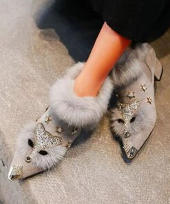 Women's Grey Fur-Trimmed Pointed-Toe Ankle Boots – Rhinestone Fox and Star Embellishments with Chunky Heels 2025