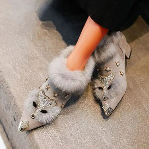 Women's Grey Fur-Trimmed Pointed-Toe Ankle Boots – Rhinestone Fox and Star Embellishments with Chunky Heels 2025