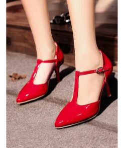 Women's Elegant Red Patent Leather T-Strap Pointed Toe Stiletto Heels - Ideal for Weddings and Special Occasions 2025