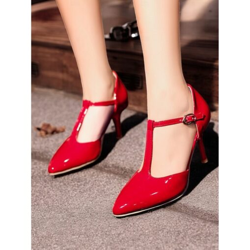 Women's Elegant Red Patent Leather T-Strap Pointed Toe Stiletto Heels - Ideal for Weddings and Special Occasions 2025