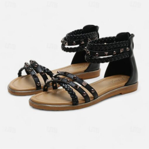 Women's Sandals Boho Bohemia Beach Gladiator Sandals Roman Sandals Daily Beach Braided Rivet Flat Heel Bohemia Vintage Casual PU Buckle Black Brown Be - Image 3