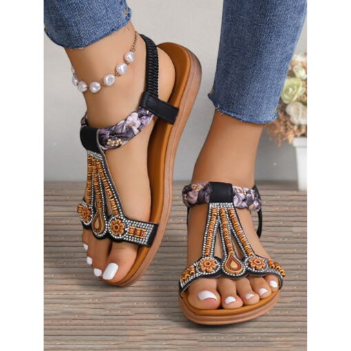 Women's Beaded T-Strap Sandals with Floral Embellishments and Comfortable Sole – Perfect for Beach, Vacation and Casual Wear 2025