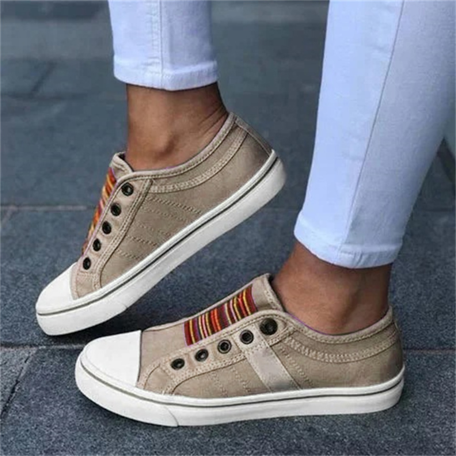 Women's Casual Slip-On Canvas Sneakers – Lightweight and Breathable Low-Top Shoes with Multicolor Striped Accent 2025 - Image 3
