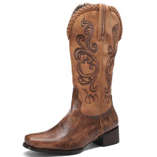 Men's Western Cowboy Boots – Brown Faux Leather with Embroidered Patterns and Crocodile Texture for Vintage Style 2025