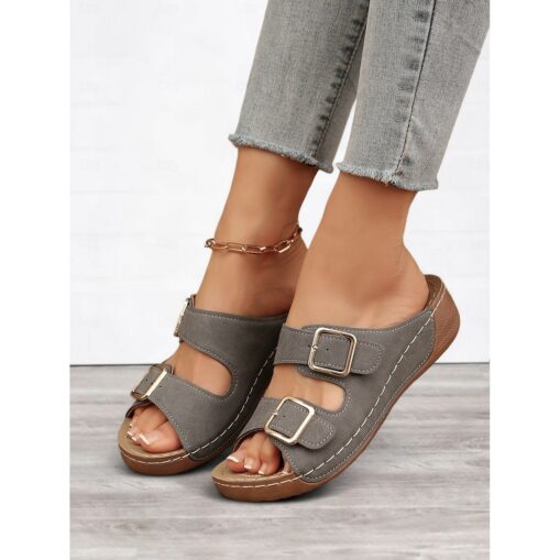 Women's Dark Blue Double Buckle Slip-On Sandals with Cushioned Sole, Casual Summer Shoes for Beach and Everyday Wear 2025 - Image 4