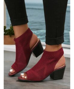 Women's Beige Peep-Toe Knit Ankle Booties with Block Heel, Breathable Summer Sandals for Casual and Office Wear 2025