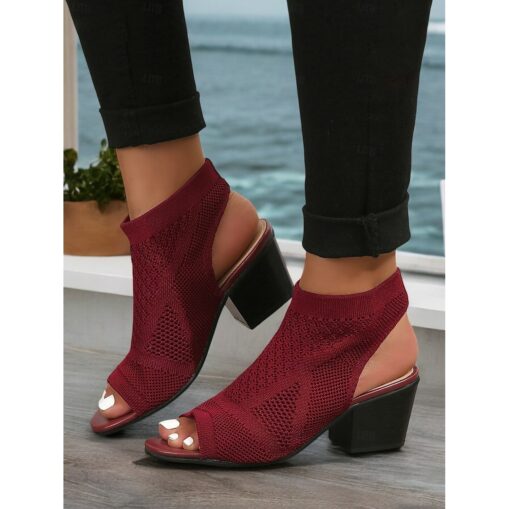 Women's Beige Peep-Toe Knit Ankle Booties with Block Heel, Breathable Summer Sandals for Casual and Office Wear 2025