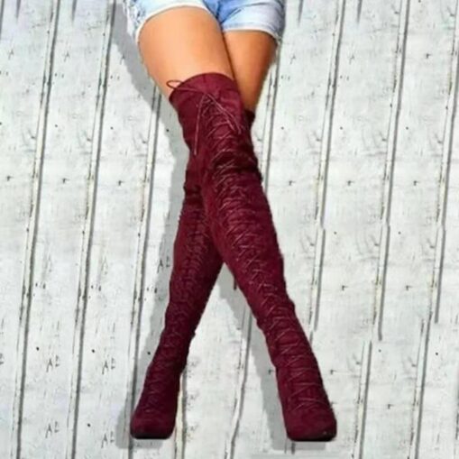 Women's Lace-Up Over-the-Knee Boots - Black & Burgundy Thigh-High Stiletto Heels for Winter Fashion and Night Out 2025 - Image 2