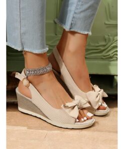 Women's Beige Wedge Sandals with Bow Accent, Open-Toe Design, Comfortable Slingback Style for Casual Summer Outings and Beachwear 2025