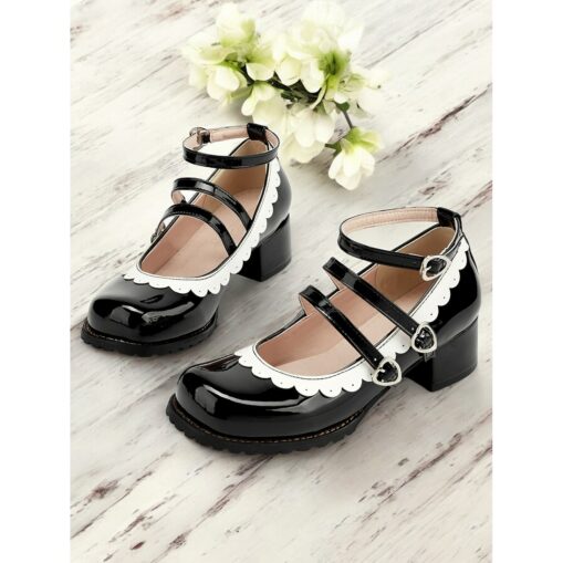 Women's Black and White Scalloped Mary Jane Block Heels – Patent Faux Leather Lolita Platform Shoes with Heart Buckles for Vintage or Cosplay Outfits