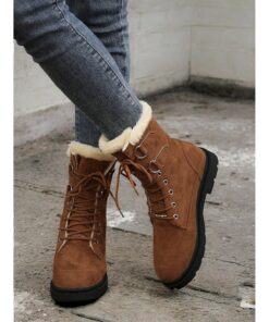 Women's Faux Suede Winter Lace-Up Boots with Plush Lining – Warm Fur-Trimmed Ankle Boots for Cold Weather Outdoor Wear 2025