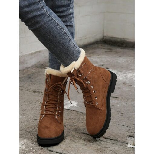 Women's Faux Suede Winter Lace-Up Boots with Plush Lining – Warm Fur-Trimmed Ankle Boots for Cold Weather Outdoor Wear 2025