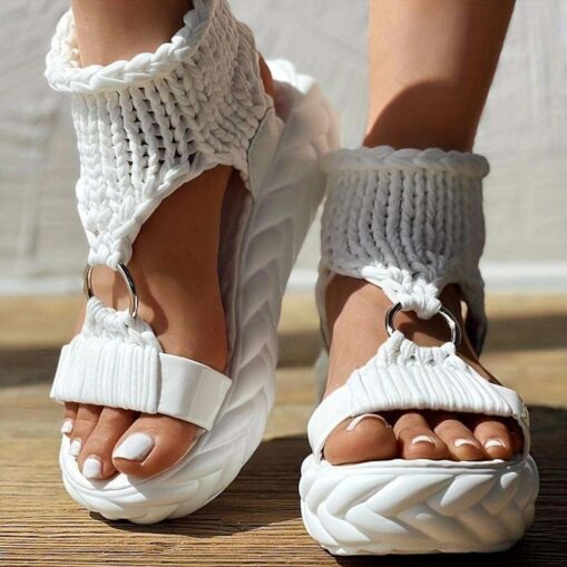 Women’s Chunky Knitted Platform Sandals – Fashionable Open-Toe Wedges with Ring Detail, Perfect for Summer and Casual Wear 2025