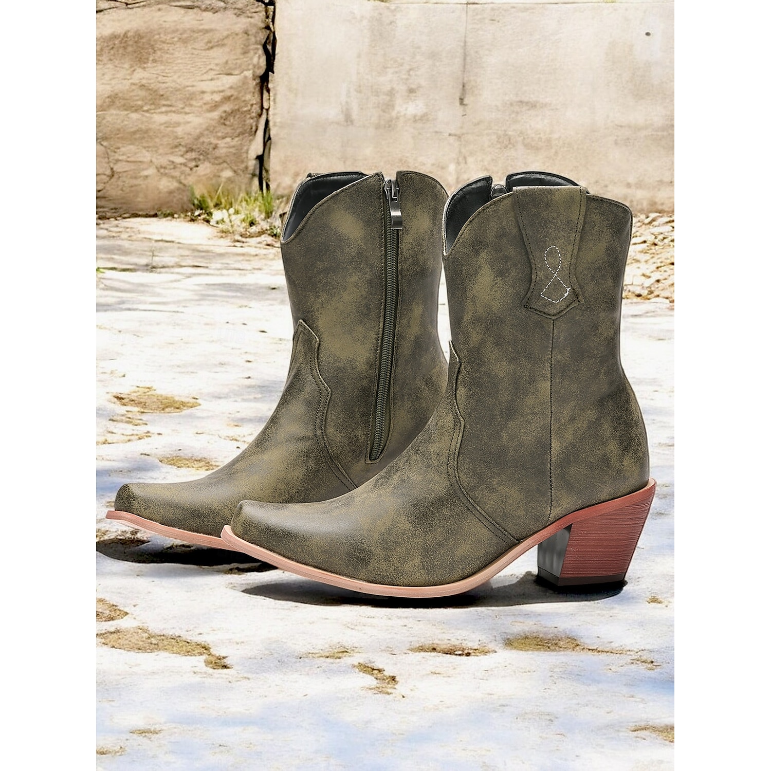 Women's Distressed Green Western Cowboy Boots with Zipper Closure – Stylish Mid-Heel Ankle Boots for Outdoor and Casual Wear 2025