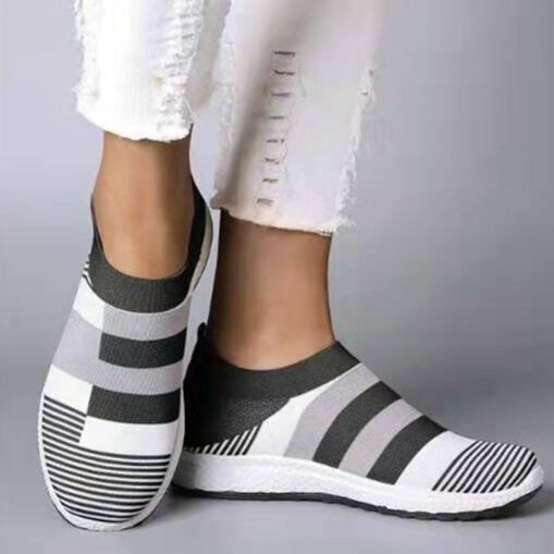 Women's Casual Slip-On Breathable Pink and Gray Striped Sneakers - Comfortable Walking Shoes 2025 - Image 3