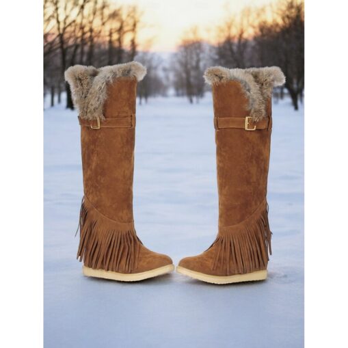 Women's Green Suede Moccasin Winter Boots with Fur Lining and Fringe Detail – Cozy Knee-High Snow Boots for Cold Weather 2025 - Image 3