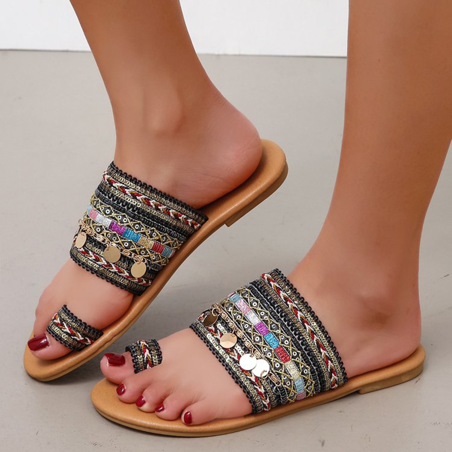 Women's Boho Style Beaded Sandals with Colorful Straps and Toe Ring – Summer Open-Toe Flats for Casual Beach Wear 2025 - Image 2