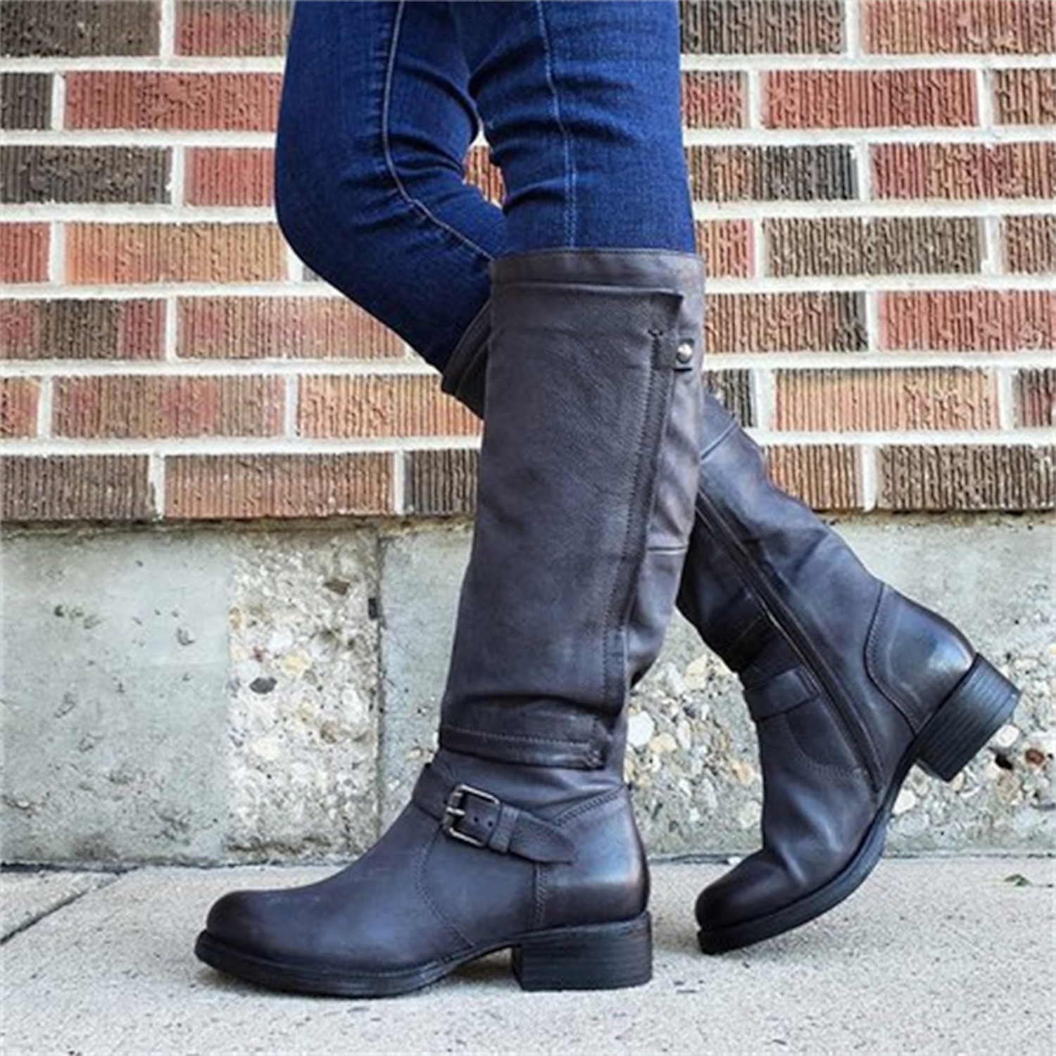 Women's Black Faux Leather Knee-High Boots with Buckle Strap and Low Block Heel - Stylish and Comfortable Fall and Winter Footwear 2025 - Image 3