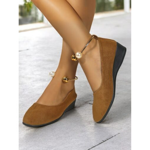 Comfort Faux Suede Wedge Flats with Pearl Ankle Strap Detail, Elegant Style for Office and Casual Outings 2025 - Image 3