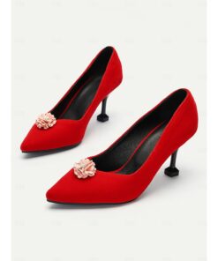 Women's Elegant Red Suede Slip-On Pumps with Floral Embellishment Red Suede Kitten Heels, Pointed Toe Stilettos, Wedding Shoes, Party Shoes 2025