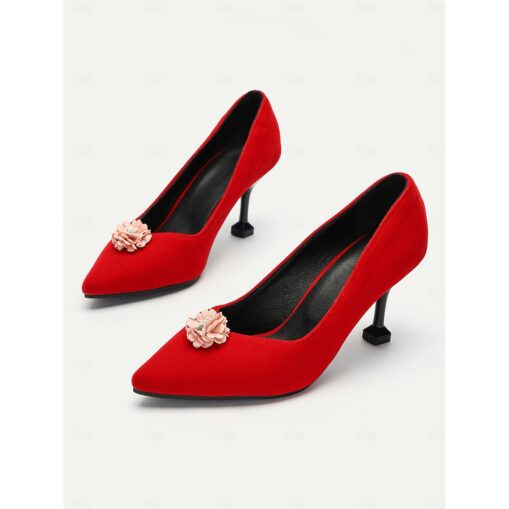 Women's Elegant Red Suede Slip-On Pumps with Floral Embellishment Red Suede Kitten Heels, Pointed Toe Stilettos, Wedding Shoes, Party Shoes 2025