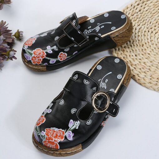 Women's Floral Embroidered Slip-On Clogs with Buckle Detail and Wedge Heel - Comfortable Vintage Casual Shoes 2025 - Image 2