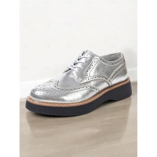 Women's Metallic Pink Brogue Oxford Shoes with Wingtip Design, Lace-Up Casual Dress Shoes for Parties and Fashion Events 2025 - Image 2