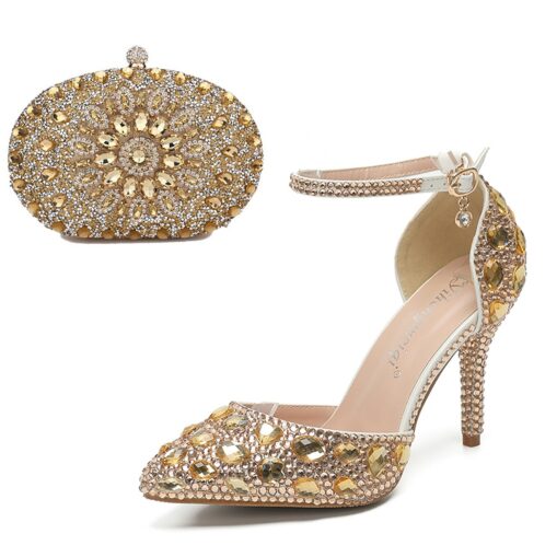 Women's Pink Rhinestone High Heel Bridal Shoes with Matching Clutch Bag – Glamorous Wedding and Party Shoes Set 2025 - Image 2