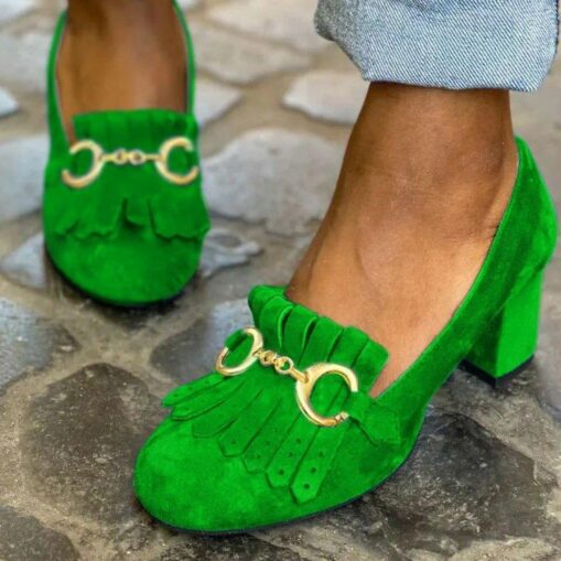 Women's Vintage Green Suede Loafers with Gold Buckle and Fringe Detailing - Block Heel Shoes for Formal and Casual Occasions 2025