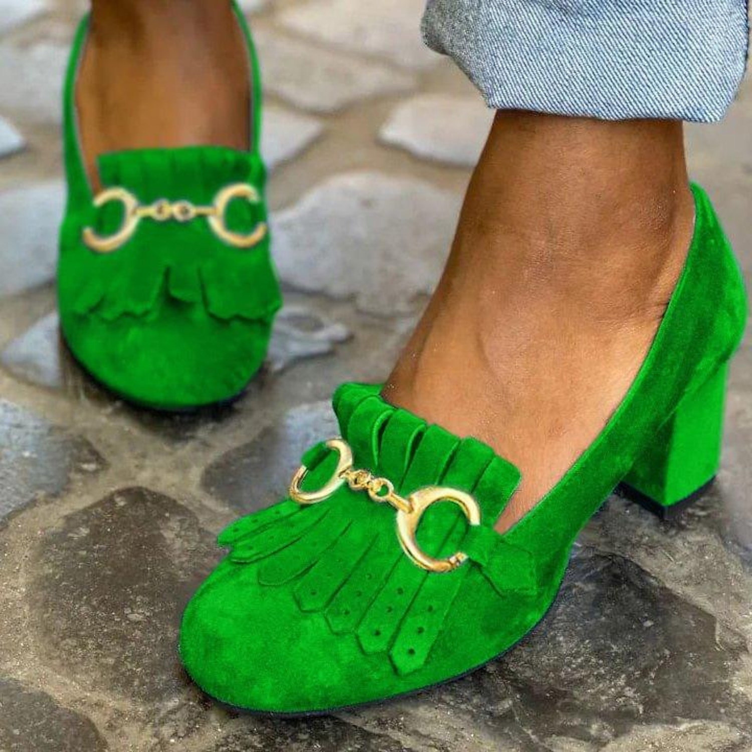 Women's Vintage Green Suede Loafers with Gold Buckle and Fringe Detailing - Block Heel Shoes for Formal and Casual Occasions 2025