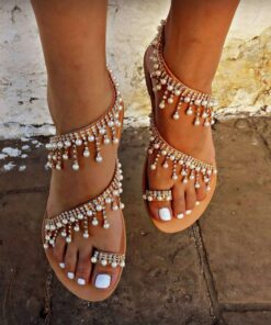 Women's Pearl-Embellished Bohemian Flat Sandals with Toe Loop - Elegant Summer Beach Wedding Shoes 2025
