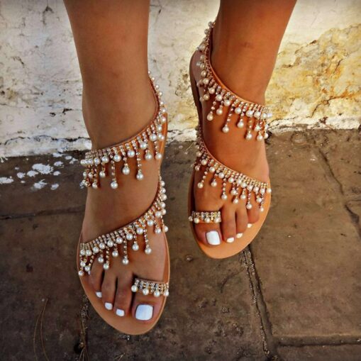 Women's Pearl-Embellished Bohemian Flat Sandals with Toe Loop - Elegant Summer Beach Wedding Shoes 2025