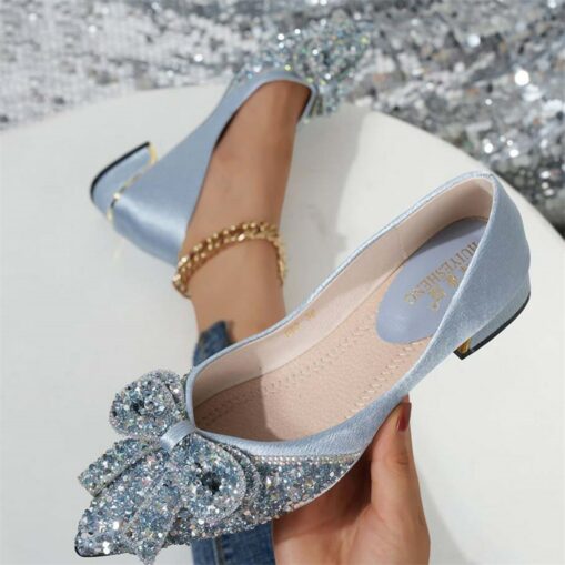 Women's Glitter Flats with Bow Detail - Elegant Rhinestone Embellished Low-Heel Shoes for Party and Formal Occasions 2025